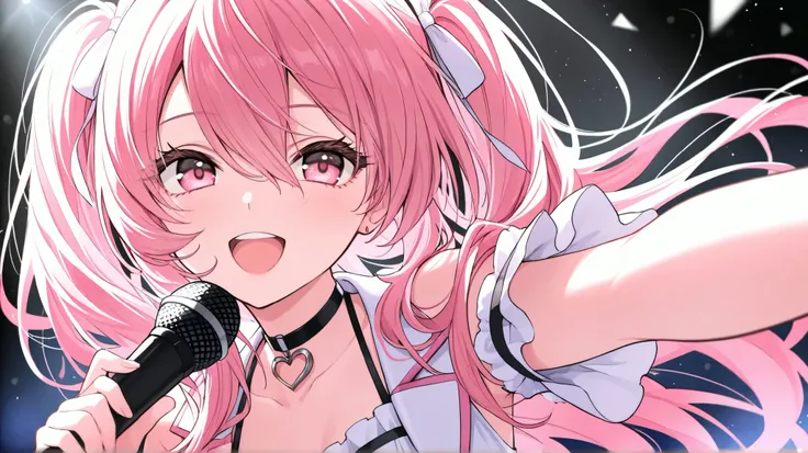 Girl, pigtails, hair between eyes, pink hair, brown eyelashes, pink eyes, heart choker, holding microphone, high quality, masterpiece, looking at viewer, by right side