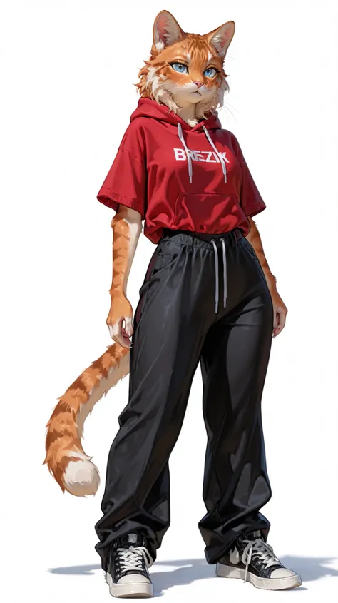 masterpiece, best quality, amazing quality, very aesthetic, high resolution, ultra-detailed, absurdres, newest, female, tabby cat, pointed ears, blue eyes, orange fur, fluffy tail, paws, claws, full body, white background, BREAK, photorealistic details, vo...