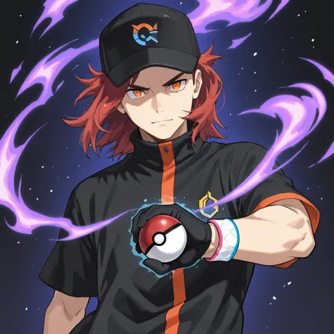 Fifteen years boy,male character, solo boy, confident expression. Raised hair, short medium hair, baseball cap with a symbol of pokeball, red hair, beautiful face, orange eyes, black jersey, loose red short-sleeved overcoat, pair of medium black gloves for...