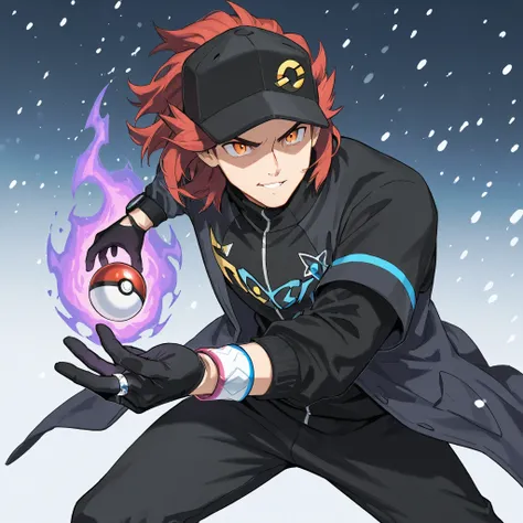 Fifteen years boy,male character, solo boy, confident expression. Raised hair, short medium hair, baseball cap with a symbol of pokeball, red hair, beautiful face, orange eyes, black jersey, loose red short-sleeved overcoat, pair of medium black gloves for...