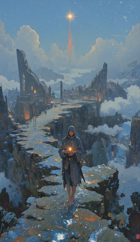 A young woman stands alone on a narrow cliff path shrouded in drifting fog. She is cloaked in tattered gray robes, her hood drawn low, yet her face is gently lit by the faint glow of a lantern cradled close to her chest. The lantern burns not with fire, bu...