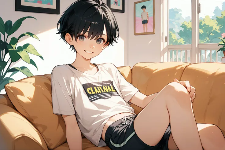 (Pretty boy), young boy, smiling, (short hair, black hair), pastel colored loungewear, shorts, sitting on sofa, looking at viewer, perfect anatomy, cowboy shot,