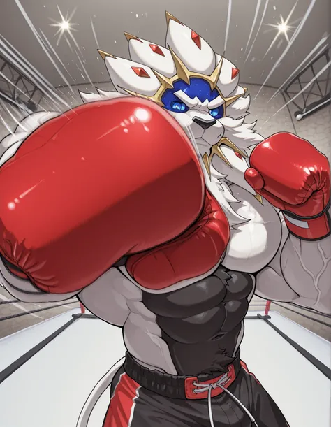 high quality, b0xingp0v, mercilessly punching_the_viewer, foreshortening, motion blur, red boxing gloves, black boxing shorts, depth of field, extreme perspective, extreme closeup, closeup, action shot, boxing, dynamic punching pose, motion lines, impact l...
