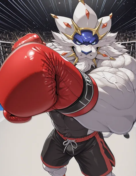 high quality, b0xingp0v, mercilessly punching_the_viewer, foreshortening, motion blur, red boxing gloves, black boxing shorts, depth of field, extreme perspective, extreme closeup, closeup, action shot, boxing, dynamic punching pose, motion lines, impact l...