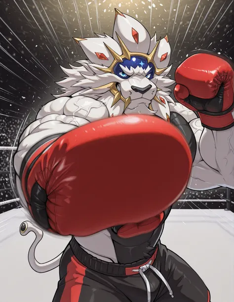 high quality, b0xingp0v, mercilessly punching_the_viewer, foreshortening, motion blur, red boxing gloves, black boxing shorts, depth of field, extreme perspective, extreme closeup, closeup, action shot, boxing, dynamic punching pose, motion lines, impact l...