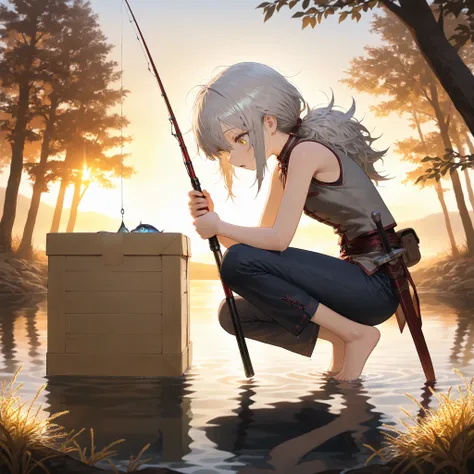 (masterpiece:1.2, Best Quality), (finely detailed beautiful eye: 1.2), (beautiful detailed face), solo, from side, crouching, looking down, standing, sunhat, holding fishing pole, weathered box, ornate box, fished up box, open box, beam of light coming fro...