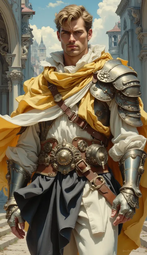 Mature middle-aged man, short choppy golden hair, profound deep-set eyes, chiseled facial features, solemn expression. Clothed in elaborate fantasy noble attire: a luxurious yellow and white layered silk tunic, an elegant silk ribbon cape cascading around ...