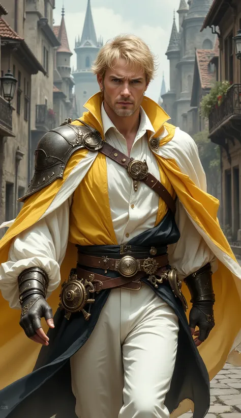 Mature middle-aged man, short choppy golden hair, profound deep-set eyes, chiseled facial features, solemn expression. Clothed in elaborate fantasy noble attire: a luxurious yellow and white layered silk tunic, an elegant silk ribbon cape cascading around ...