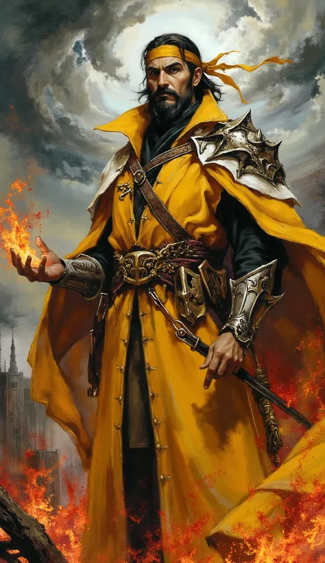 Professional digital painting, masterpiece quality. A powerful middle-aged male mage, tall and slender, with medium-length black hair, a vibrant yellow headband, thick eyebrows, an intense focused gaze, dignified face, and a large beard. He wears an elabor...