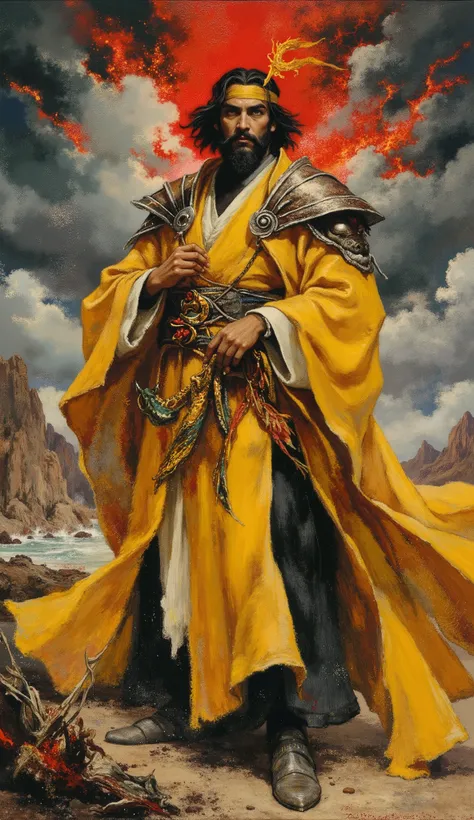 A middle-aged man with medium-length black hair, adorned with a yellow headband, and thick eyebrows, stands tall and slender, his dignified face marked by a large beard and a focused gaze. He wears a fantasy-style mage robe, primarily yellow with white and...