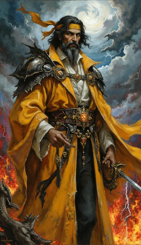 (masterpiece:1.3, best quality:1.3, hyperdetailed:1.2, professional artwork:1.2), ((powerful male mage:1.5)), a dignified middle-aged sorcerer, exuding arcane authority. Features: medium-length, flowing jet-black hair partially restrained by an ornate saff...