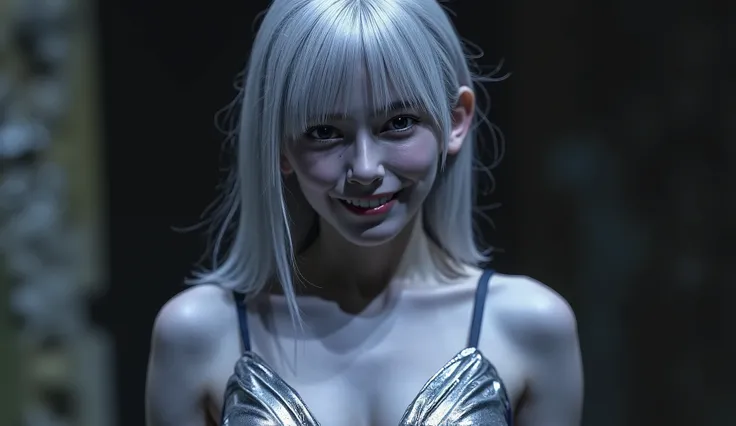 ((Highest Quality)), ((masterpiece)), (detail), (Female Drow Slave's Bikini Breasts Are Covered)(Smile) gray skin, gray hair ,short hair, straight hair, purple eyes. She likes white and silver clothes and、Prefers dark blue or purple robes , small breasts, ...