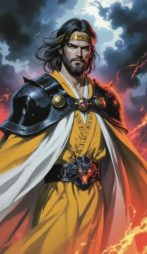 (masterpiece:1.3, best quality:1.3, hyperdetailed:1.2, professional artwork:1.2), ((powerful male mage:1.5)), a dignified middle-aged sorcerer, exuding arcane authority. Features: medium-length, flowing jet-black hair partially restrained by an ornate saff...