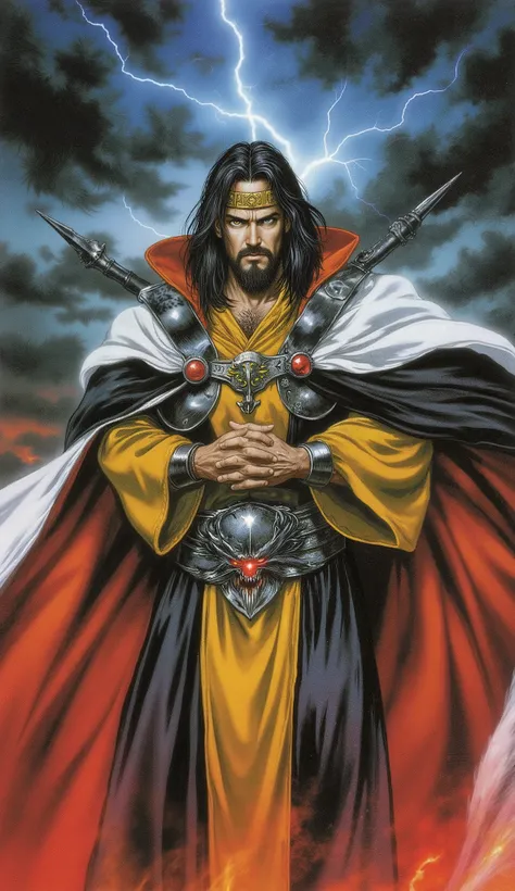 (masterpiece:1.3, best quality:1.3, hyperdetailed:1.2, professional artwork:1.2), ((powerful male mage:1.5)), a dignified middle-aged sorcerer, exuding arcane authority. Features: medium-length, flowing jet-black hair partially restrained by an ornate saff...
