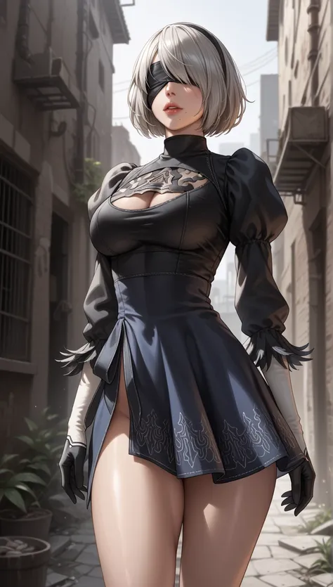 masterpiece,   kampala,  human anatomically accurate, 最high quality,  advanced details ,  High Definition Model,  very well detailed , high quality,  Ultra-fine,  textured skin, real skin, 
 female 1 person,  Inspired by Nier:Automata 2b ,
 bob cut the blue cloth, Gray Hair, bungs,  mole,  blindfold,
2B Dress,  Cleave Cut Out  , skirt,   Dark Back Alley Thighs ,  textured skin, real skin, 
Ruins,thick thighs、Big Breasts