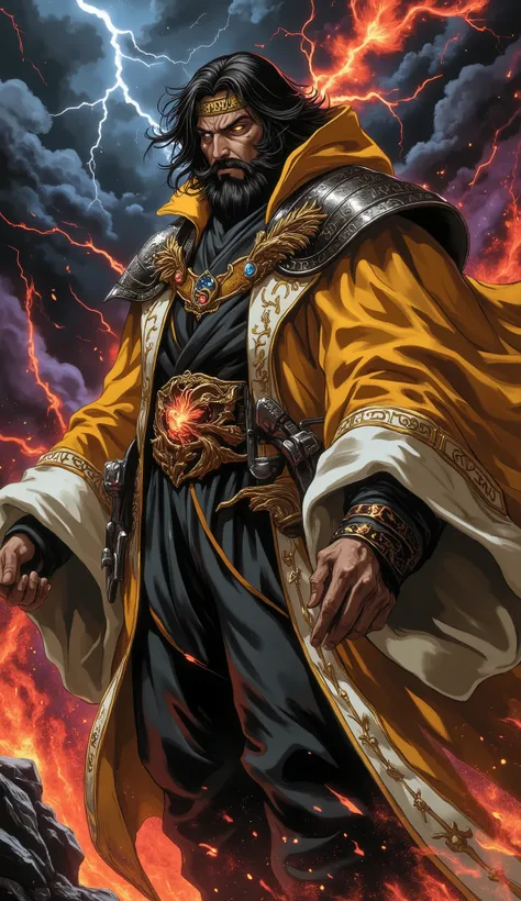 (masterpiece:1.3, best quality:1.3, hyperdetailed:1.2, professional artwork:1.2), ((powerful male mage:1.5)), a dignified middle-aged sorcerer, exuding arcane authority. Features: medium-length, flowing jet-black hair partially restrained by an ornate saff...