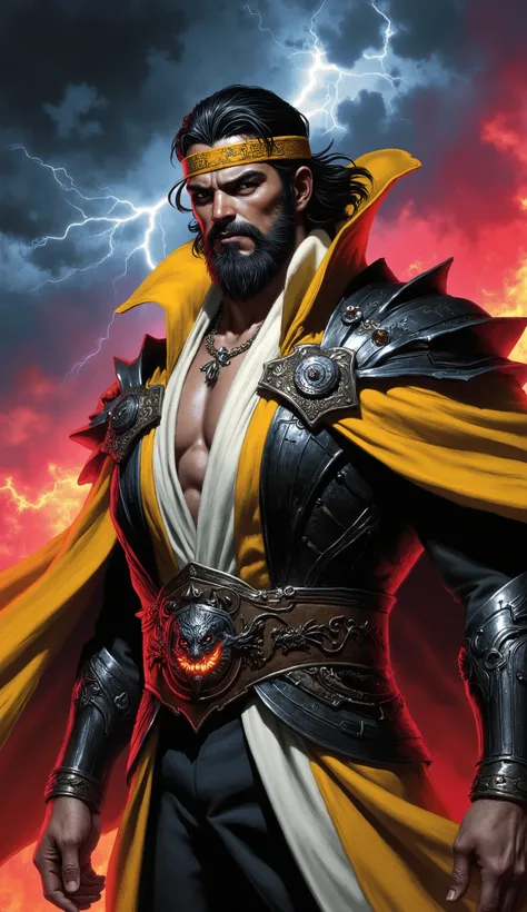 (masterpiece:1.3, best quality:1.3, hyperdetailed:1.2, professional artwork:1.2), ((powerful male mage:1.5)), a dignified middle-aged sorcerer, exuding arcane authority. Features: medium-length, flowing jet-black hair partially restrained by an ornate saff...