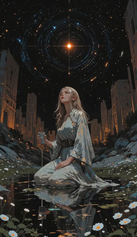 A young woman kneels beside a still, black pool beneath a sky scattered with impossible constellations. She wears a translucent robe that clings like mist, adorned with subtle threads of silver and starlight. Her long hair flows freely, catching the faint ...
