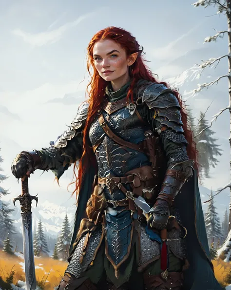 White skin. Older female elven knight with one yellow and one blue eye and red hair with white highlights. She has scars. White strands of hair. She has a motherly smile. She has a round face with a pointy chin. Her white body is athletic. She wears chainm...