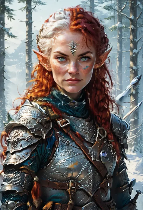 White skin. Older female elven knight with one yellow and one blue eye and red hair with white highlights. She has scars. White strands of hair. She has a motherly smile. She has a round face with a pointy chin. Her white body is athletic. She wears chainm...