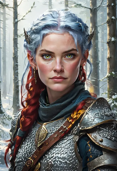 White skin. Older female knight with one yellow and one blue eye and red hair with white highlights. She has elven ears. She has heterochromia (one eye is blue, the other eye is yellow). She has red hair with white strands of hair. She has a motherly smile...