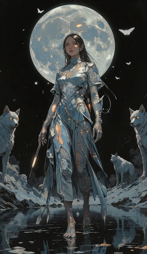 A young woman stands barefoot in a shallow black lake under a vast moon that hangs too close, distorted and weeping pale light. Her gown ripples like water itself—woven of silver mist and shifting shapes. Her eyes are open wide, glowing faintly, but they s...