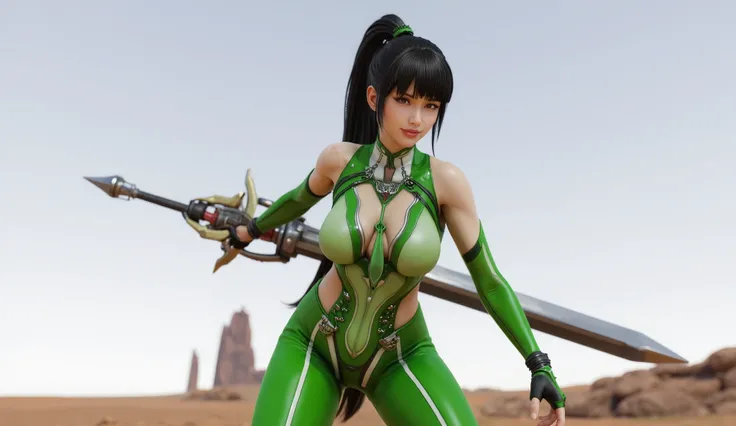 score_9, score_8_up, score_7_up, score_6_up, source_anime, 1girl, solo, (estilo 3d), (stellareve) ((Eve from stellar blade)),  black hair, long ponytail, tight green futuristic bodysuit, (necktie, green and white bodysuit, sleeveless, fingerless gloves), (...