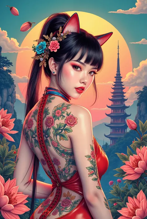 illustrated in the style of Guo Chao, poster design ,  in the style of psychedelic color combinations , hyper-detailed illustrations, 16K, a painting of a pagoda in the evening, in the style of graphic design-inspired illustrations, circular shapes detaile...
