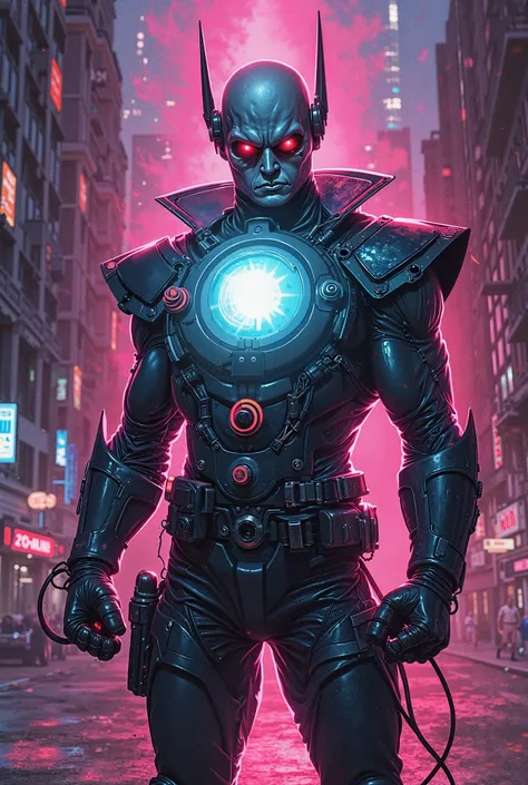 Create an 80s comic book style super villain with the ability to use light as a weapon. Ispirato a DR light dei  Titans . The costume must have a prism and must look homemade 
