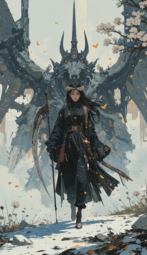 A young woman stands alone in a field of white ash, where black petals drift like snow. Her simple black gown clings to her like smoke, the fabric torn and wind-worn. In her hands, she holds a weathered scythe—not threatening, but ceremonial. Her face is p...