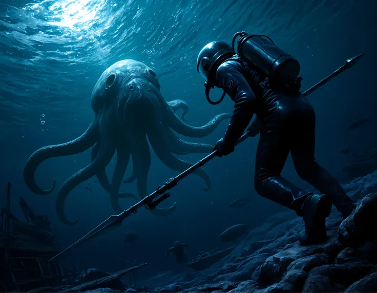 1boy, diving suit, dry suit, diving helmet, helmet, standard_diving_dress, oxygen tank,  peril, underwater, air bubble, bubble, harpoon, holding weapon, back, looking at another, swimming, sea monster, kraken, giant monster, tentacles, battle, attack, inco...