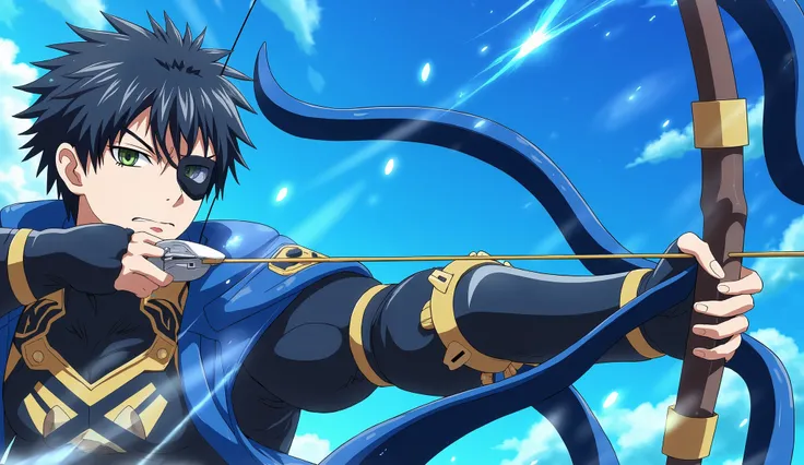 Draw an anime-style male archer with messy black hair and an eyepatch, wearing dark blue and black combat armor with gold accents. He's pulling back the bowstring with a serious, focused expression, ready to shoot an arrow. The background is a bright blue ...