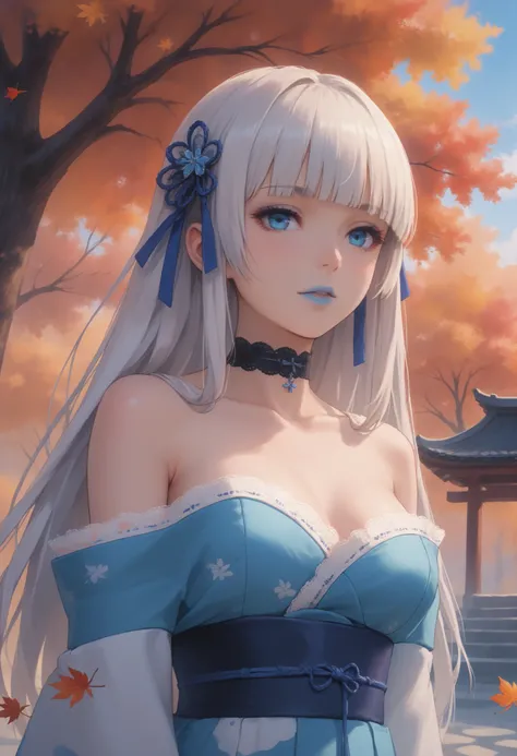 kirari momobami, long hair, white hair, hime cut, big blue eyes, highly detailed face, glossy detailed lips, blue lipstick, blunt bangs, eyeshadow, medium sized breasts, cleaveage, exposed shoulders, collarbone, hair ornament, choker, highly detailed cloth...