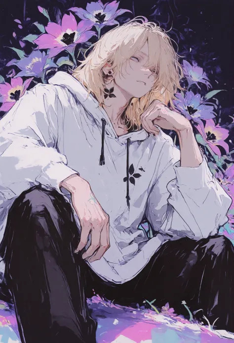 masterpiece, best quality, amazing quality, very aesthetic, high resolution, absurdres, 1boy, abstract work, floral work, vibrant background, (face focus:0.7) male, sitting on the flowers, rolling a lilac on his hand. Tall, muscular, handsome, covered in a...