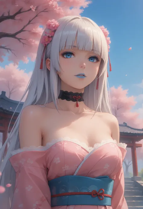 kirari momobami, long hair, white hair, hime cut, big blue eyes, highly detailed face, glossy detailed lips, blue lipstick, blunt bangs, eyeshadow, medium sized breasts, cleaveage, exposed shoulders, collarbone, hair ornament, choker, highly detailed cloth...