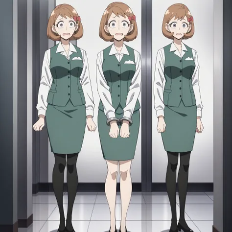 millie myers, millie (spy x family), short hair, bangs, blue eyes, brown hair, hair bow, grey eyes, eyelashes, mature female, medium breasts, anime screencap,
collared shirt, white shirt, green vest, green skirt, long sleeves, cops, captured, full body, sc...