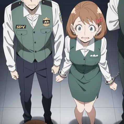 millie myers, (spy x family), short hair, bangs, blue eyes, brown hair, hair bow, grey eyes, eyelashes, medium breasts, anime screencap, collared shirt, white shirt, green vest, green skirt, long sleeves, male police officer, captured, full body, scared ex...