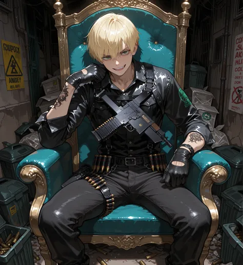 1 man,has short blonde hair, green eyes on the throne, and a confident and sexy bad laugh,cool boy,Unisex beauty, wearing punk-style black clothes, Tattoo, Carrying AK47,Masculine pose, Ammunition belt, and gloves, abandoned street background,Surrounded b...