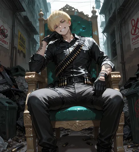 1 man,has short blonde hair, green eyes on the throne, and a confident and sexy bad laugh,cool boy,Unisex beauty, wearing punk-style black clothes, Tattoo, Carrying AK47,Masculine pose, Ammunition belt, and gloves, abandoned street background,Surrounded b...