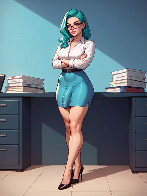 Full body stict office futanari lady in continental suite with buldge, penis seen through clothes, arms crossed, glasses, office background