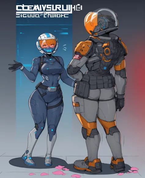 Two futuristic anime-style female soldiers posing together in a slightly comedic or awkward fashion, standing in front of a futuristic city skyline with hovering ships and flying drones in the sky. The background features tall, angular skyscrapers with sle...
