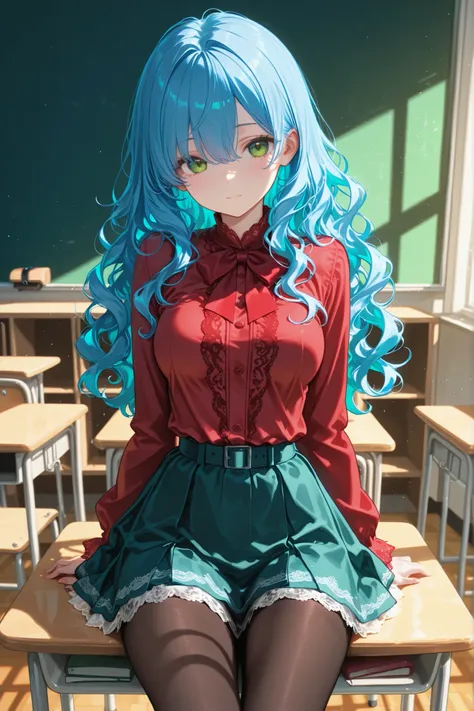 an 18 year old girl, long wavy hair, blue hair,, Green eyes, detailed face, , hold red, medium breasts, short skirt with lace, dark pantyhose, classroom, sitting at a desk,  seen from the front,