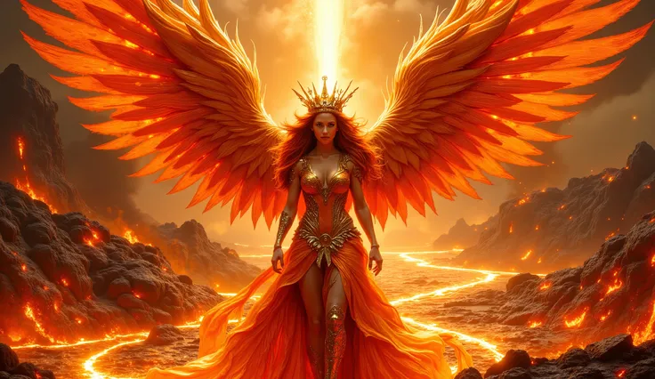 A majestic, fiery phoenix-like woman stands amidst a landscape of volcanic eruptions. Medium-toned Caucasian woman, with flowing red hair and a radiant crown, exuding power and beauty. Her attire is a spectacularly detailed, fiery-orange, flowing gown th...