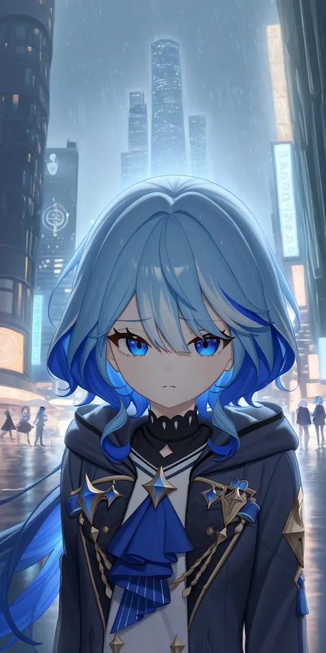 Kualitas terbaik, resolusi 4k, rainy city background, gadis remaja, whitish blue hair, ppupil right eye sky blue, left eye pupil navy blue, menggunakan payung