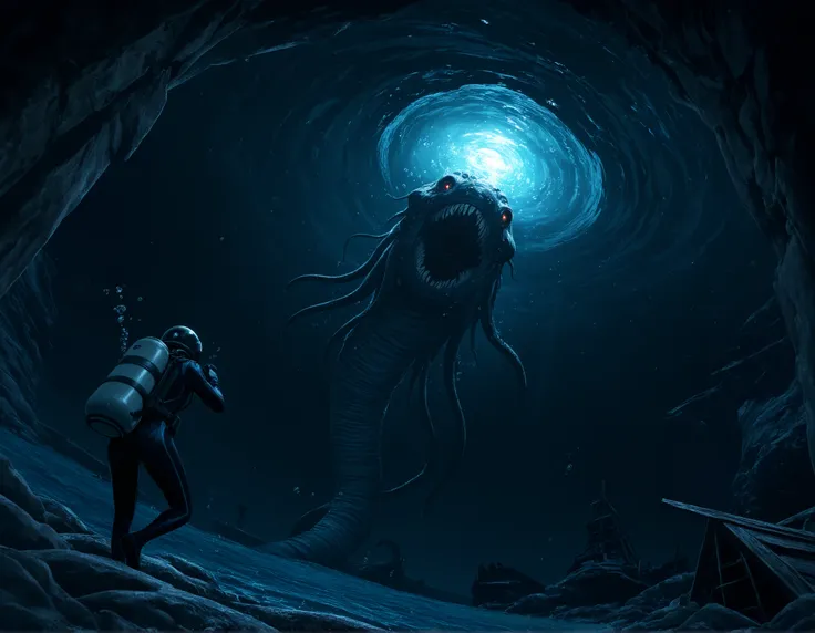 1girl, diving suit, dry suit, diving helmet, helmet, standard_diving_dress, chains, oxygen tank, peril, underwater, air bubble, bubble, drill hand, back, looking at another, swimming, monster, sea monster, giant monster, tentacles, battle, attack, incoming...