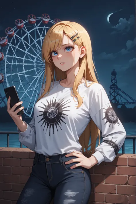 1girl, abandon amusement park, Ferris wheel at background, night, dark abandoned place, abandoned amusement park, ((brick walls)), ((looking up)), looking at sky, poor light, dark night, grim atmosphere, horror amusement park, outdoors, light-blonde hair, ...