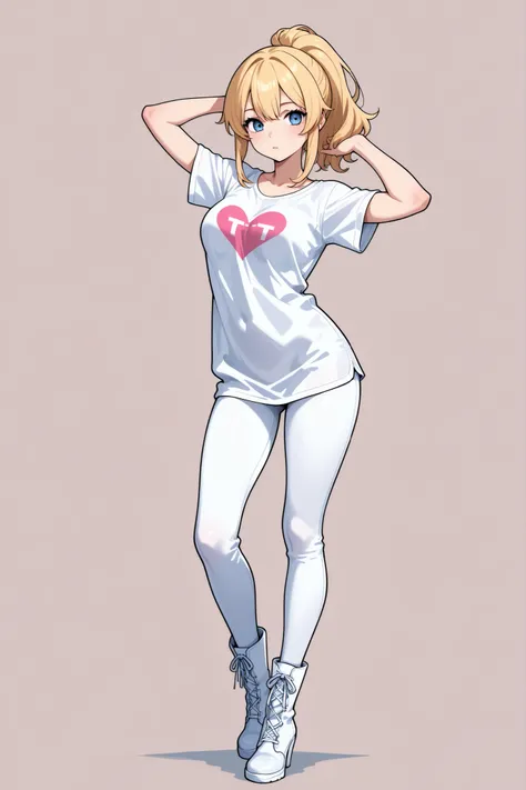 a blonde girl, long hair, ponytail, blue eyes, detailed face, sexy, white t-shirt, medium breasts, neckline, heart in her t-shirt, pose sexy, white leggings , slender legs, white boots, in front, ,