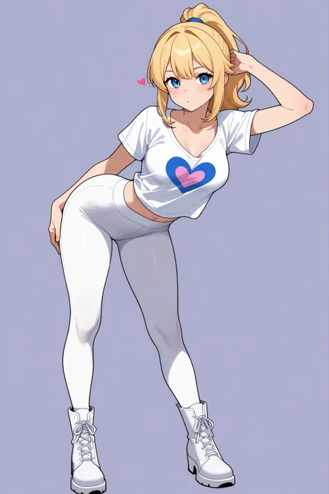 a blonde girl, long hair, ponytail, blue eyes, detailed face, sexy, white t-shirt, medium breasts, neckline, heart in her t-shirt, pose sexy, white leggings , slender legs, white boots, in front, ,