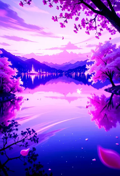anime-style dreamy landscape, cherry blossoms falling, futuristic city skyline in the distance, soft lighting, glowing pastel colors, peaceful lake with reflections, floating petals, distant mountains with mist, soft clouds, no characters, no text, cinemat...