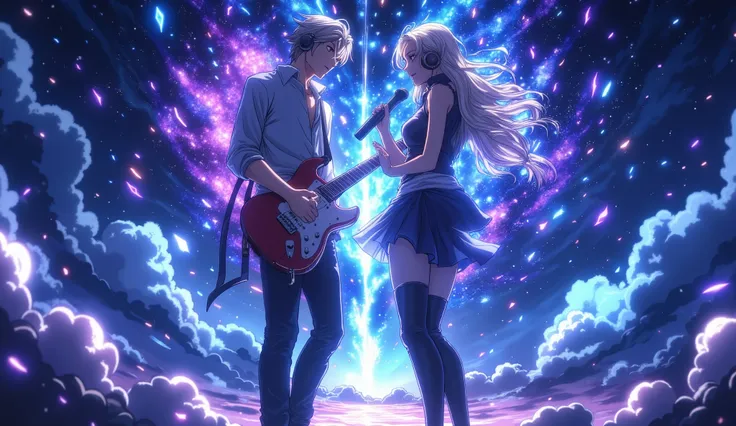 duet male and female musicians standing side by side, both wearing headphones, male playing guitar and female singing, floating mid-air surrounded by glowing music waves and magical sound particles, ethereal light effects, headphones on, dramatic dark-blue...